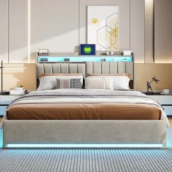 Simple Life Lit Coffre 160x200 cm Velours Gris, LED, Charge USB, Rembourré, Rangement, Tête de lit, Sommier à Lattes, 2 Personnes* Lit Coffre