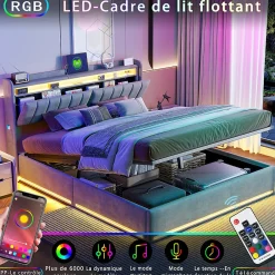 Simple Life Lit Coffre 160x200 cm Velours Gris, LED, Charge USB, Rembourré, Rangement, Tête de lit, Sommier à Lattes, 2 Personnes* Lit Coffre