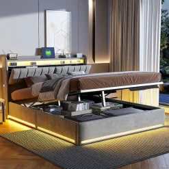 Simple Life Lit Coffre 160x200 cm Velours Gris, LED, Charge USB, Rembourré, Rangement, Tête de lit, Sommier à Lattes, 2 Personnes* Lit Coffre