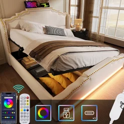 Gutent Lit coffre 140x200, Lit double avec espace de rangement hydraulique, lit de rangement et lit pour adolescent, Beige, sans matelas* Lit Coffre