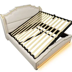 Gutent Lit coffre 140x200, Lit double avec espace de rangement hydraulique, lit de rangement et lit pour adolescent, Beige, sans matelas* Lit Coffre
