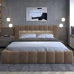 Petits-Meubles Lit coffre 160x200 sommier inclus Auria Velours Marron* Lit Coffre