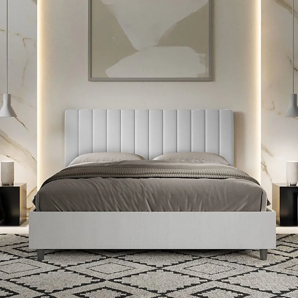 Ityhome Lit coffre 160x200 structure frêne blanc tête de lit mélamine blanc/simili cuir Kaia* Lit Coffre