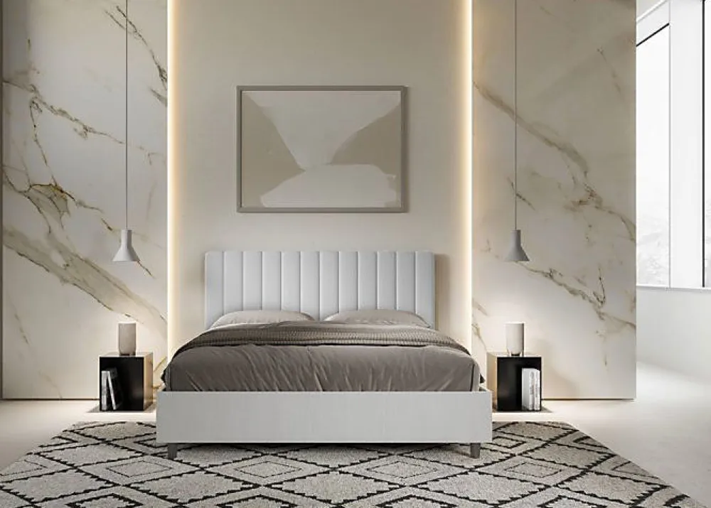 Ityhome Lit coffre 160x200 structure frêne blanc tête de lit mélamine blanc/simili cuir Kaia* Lit Coffre