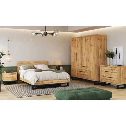 Lit coffre 160x200 style industriel - Collection MILOS. Coloris chene brut et noir.><noscript><img width=