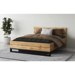Lit coffre 160x200 style industriel - Collection MILOS. Coloris chene brut et noir.><noscript><img width=