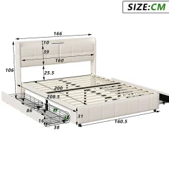 Simple Life Lit Coffre 160x200cm avec 4 tiroirs et USB et Type-C, Lit Double avec Sommier à Lattes, PU* Lit Coffre