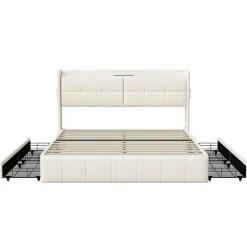 Simple Life Lit Coffre 160x200cm avec 4 tiroirs et USB et Type-C, Lit Double avec Sommier à Lattes, PU* Lit Coffre