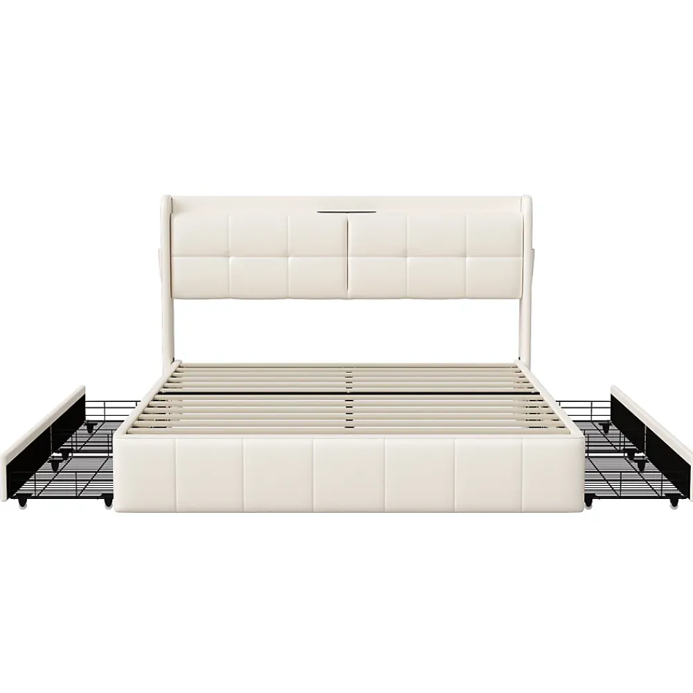 Simple Life Lit Coffre 160x200cm avec 4 tiroirs et USB et Type-C, Lit Double avec Sommier à Lattes, PU* Lit Coffre