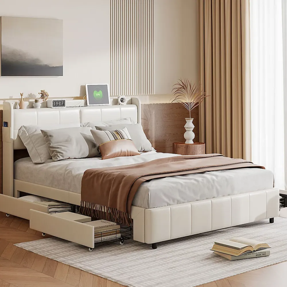 Simple Life Lit Coffre 160x200cm avec 4 tiroirs et USB et Type-C, Lit Double avec Sommier à Lattes, PU* Lit Coffre
