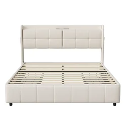 Simple Life Lit Coffre 160x200cm avec 4 tiroirs et USB et Type-C, Lit Double avec Sommier à Lattes, PU* Lit Coffre