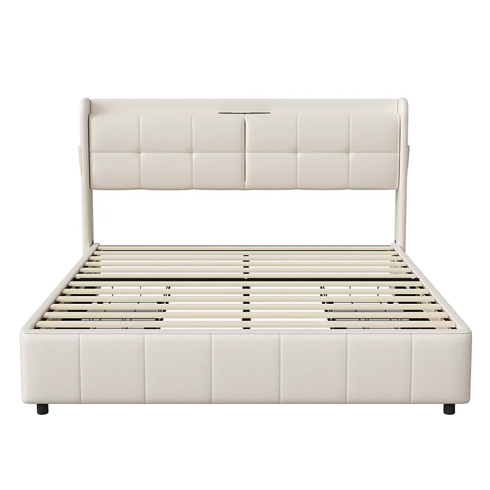 Simple Life Lit Coffre 160x200cm avec 4 tiroirs et USB et Type-C, Lit Double avec Sommier à Lattes, PU* Lit Coffre