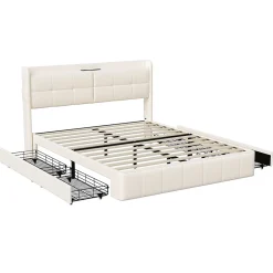 Simple Life Lit Coffre 160x200cm avec 4 tiroirs et USB et Type-C, Lit Double avec Sommier à Lattes, PU* Lit Coffre