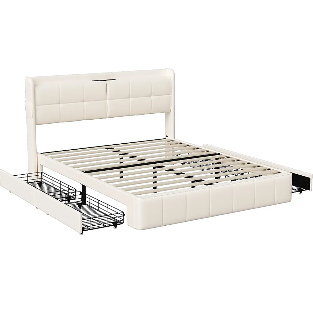 Simple Life Lit Coffre 160x200cm avec 4 tiroirs et USB et Type-C, Lit Double avec Sommier à Lattes, PU* Lit Coffre
