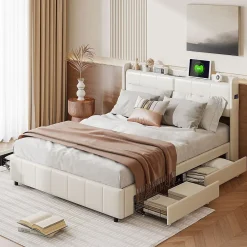 Simple Life Lit Coffre 160x200cm avec 4 tiroirs et USB et Type-C, Lit Double avec Sommier à Lattes, PU* Lit Coffre