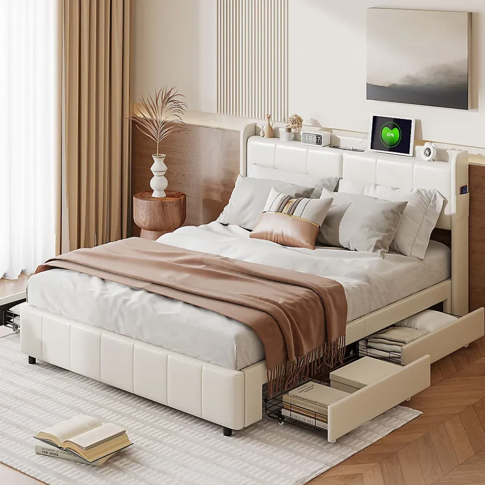 Simple Life Lit Coffre 160x200cm avec 4 tiroirs et USB et Type-C, Lit Double avec Sommier à Lattes, PU* Lit Coffre