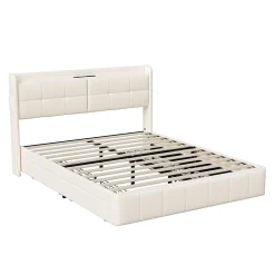 Simple Life Lit Coffre 160x200cm avec 4 tiroirs et USB et Type-C, Lit Double avec Sommier à Lattes, PU* Lit Coffre