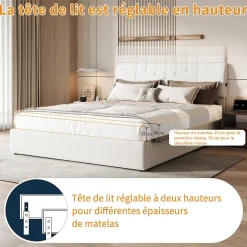 Lit coffre 140x190cm avec compartiments de rangement et prise électrique ,tête de lit réglable><noscript><img width=