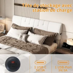 Lit coffre 140x190cm avec compartiments de rangement et prise électrique ,tête de lit réglable><noscript><img width=
