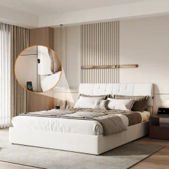 Lit coffre 140x190cm avec compartiments de rangement et prise électrique ,tête de lit réglable><noscript><img width=