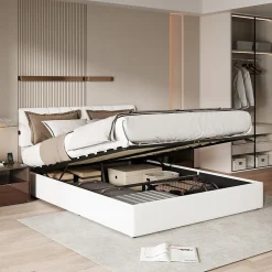 Lit coffre 140x190cm avec compartiments de rangement et prise électrique ,tête de lit réglable><noscript><img width=