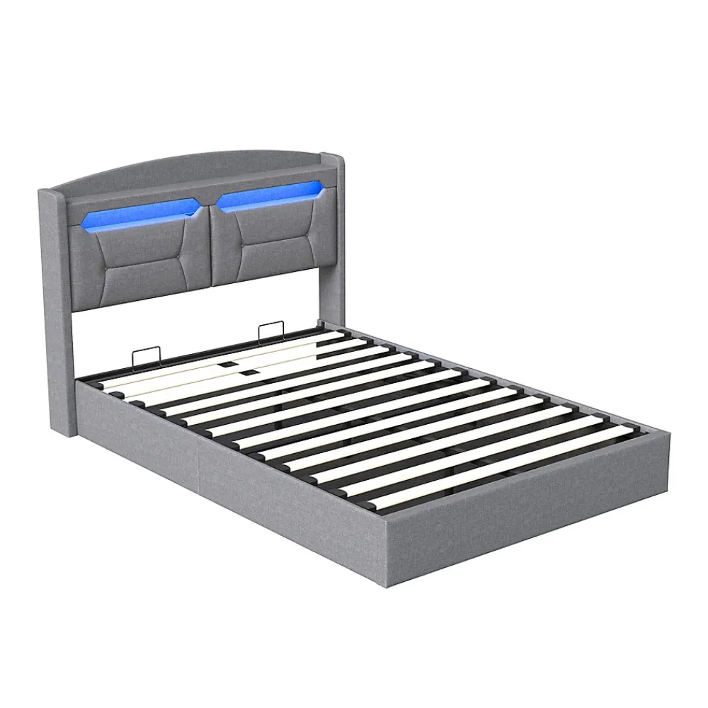 Lit coffre 140x200cm avec LED et ports USB, tête de lit rembourrée et espace de rangement, gris, lin>Fortuna lai Hot