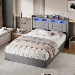 Lit coffre 140x200cm avec LED et ports USB, tête de lit rembourrée et espace de rangement, gris, lin>Fortuna lai Hot