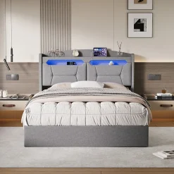 Lit coffre 140x200cm avec LED et ports USB, tête de lit rembourrée et espace de rangement, gris, lin><noscript><img width=