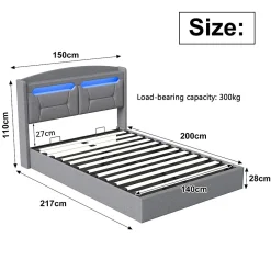 Lit coffre 140x200cm avec LED et ports USB, tête de lit rembourrée et espace de rangement, gris, lin><noscript><img width=