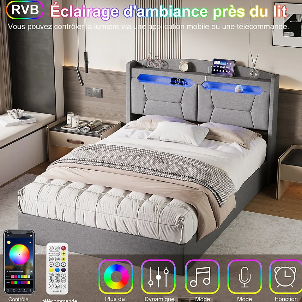 Lit coffre 140x200cm avec LED et ports USB, tête de lit rembourrée et espace de rangement, gris, lin>Fortuna lai Hot