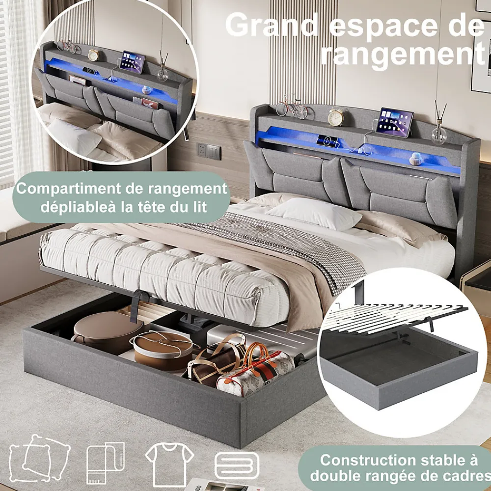 Lit coffre 140x200cm avec LED et ports USB, tête de lit rembourrée et espace de rangement, gris, lin>Fortuna lai Hot