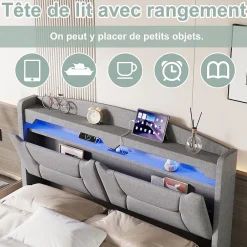 Lit coffre 140x200cm avec LED et ports USB, tête de lit rembourrée et espace de rangement, gris, lin><noscript><img width=