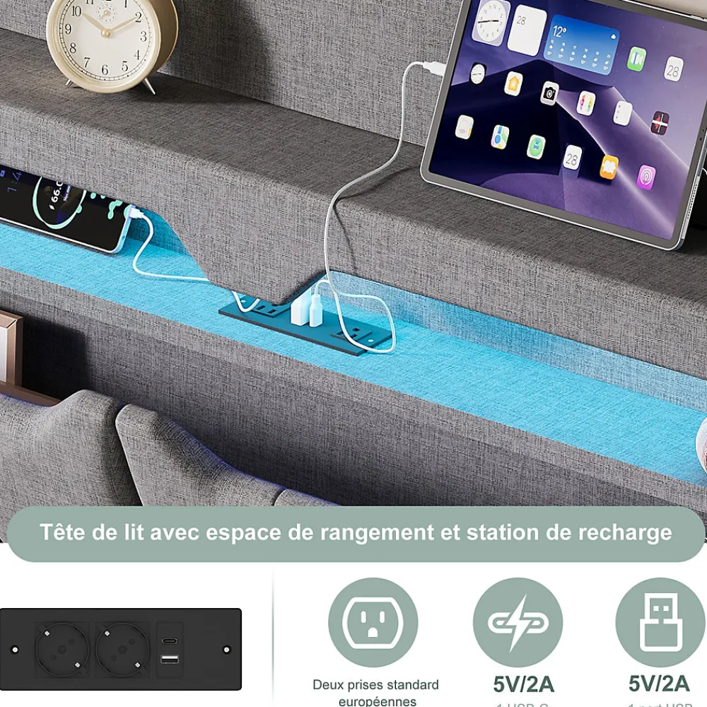 Lit coffre 140x200cm avec LED et ports USB, tête de lit rembourrée et espace de rangement, gris, lin>Fortuna lai Hot