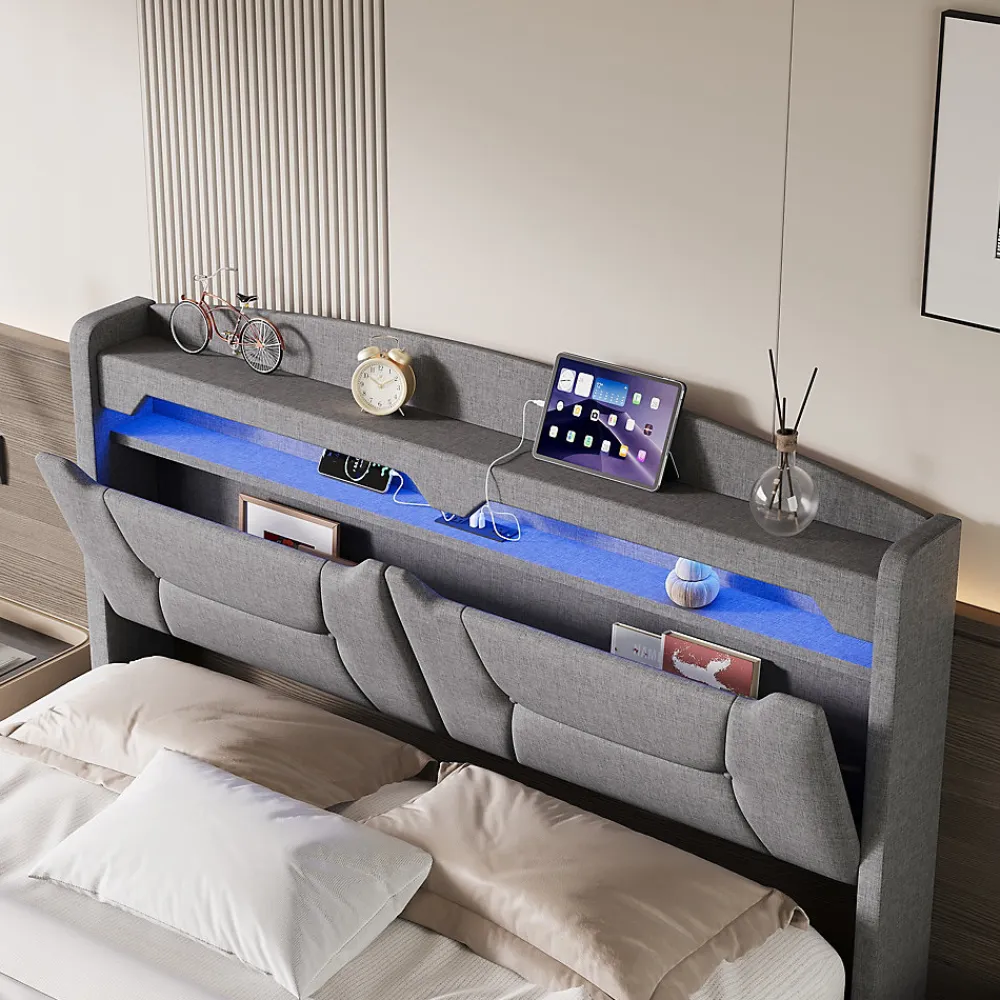 Lit coffre 140x200cm avec LED et ports USB, tête de lit rembourrée et espace de rangement, gris, lin>Fortuna lai Hot