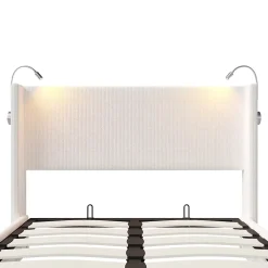 Fortuna lai Lit Coffre 140x200cm avec LED et USB, Cadre de lit capitonné en Velours côtelé, lit 2 Personnes avec sommier,scandinave Blanc* Lit Coffre