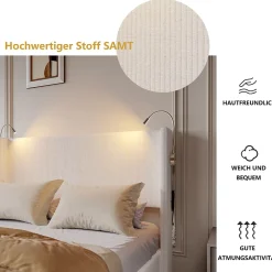 Fortuna lai Lit Coffre 140x200cm avec LED et USB, Cadre de lit capitonné en Velours côtelé, lit 2 Personnes avec sommier,scandinave Blanc* Lit Coffre
