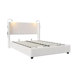 Fortuna lai Lit Coffre 140x200cm avec LED et USB, Cadre de lit capitonné en Velours côtelé, lit 2 Personnes avec sommier,scandinave Blanc* Lit Coffre