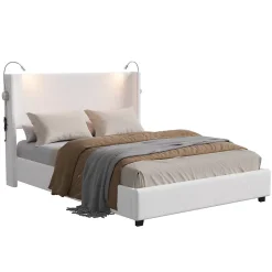 Fortuna lai Lit Coffre 140x200cm avec LED et USB, Cadre de lit capitonné en Velours côtelé, lit 2 Personnes avec sommier,scandinave Blanc* Lit Coffre