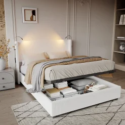 Fortuna lai Lit Coffre 140x200cm avec LED et USB, Cadre de lit capitonné en Velours côtelé, lit 2 Personnes avec sommier,scandinave Blanc* Lit Coffre