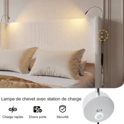 Fortuna lai Lit Coffre 140x200cm avec LED et USB, Cadre de lit capitonné en Velours côtelé, lit 2 Personnes avec sommier,scandinave Blanc* Lit Coffre
