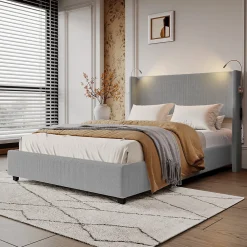 Lit Coffre 140X200cm avec LED et USB, Cadre de lit capitonné en Velours cotelé,gris>Fortuna lai New