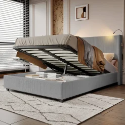 Lit Coffre 140X200cm avec LED et USB, Cadre de lit capitonné en Velours cotelé,gris><noscript><img width=