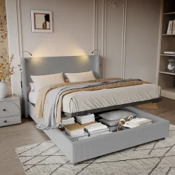 Lit Coffre 140X200cm avec LED et USB, Cadre de lit capitonné en Velours cotelé,gris><noscript><img width=