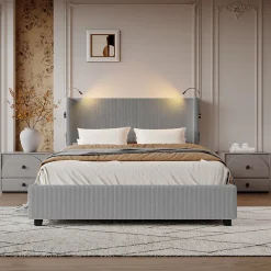 Lit Coffre 140X200cm avec LED et USB, Cadre de lit capitonné en Velours cotelé,gris><noscript><img width=