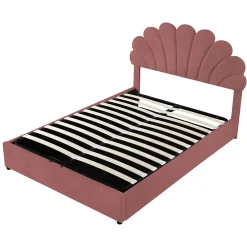ProximaX Lit coffre 140x200cm, avec sommier à lattes et tête de lit fleurie, réglable en hauteur, tissu velours, rouge haricot* Lit Coffre