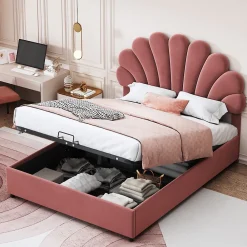 ProximaX Lit coffre 140x200cm, avec sommier à lattes et tête de lit fleurie, réglable en hauteur, tissu velours, rouge haricot* Lit Coffre
