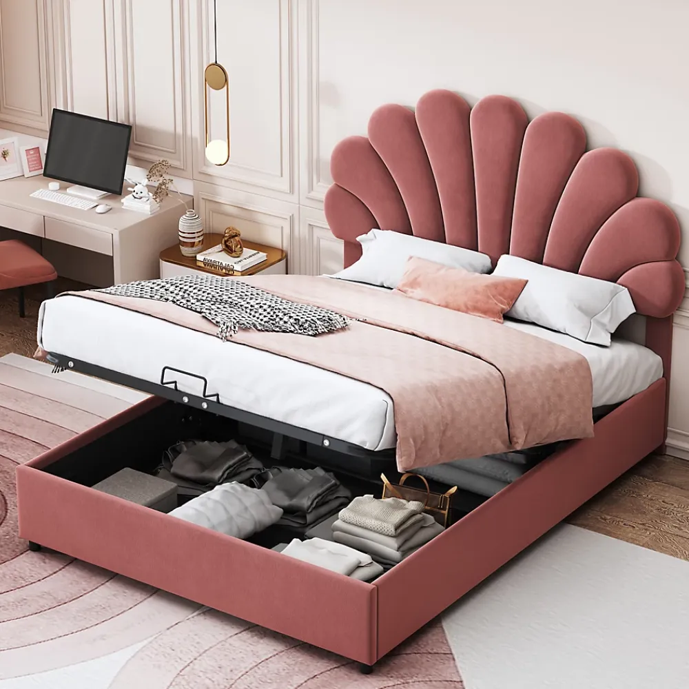 ProximaX Lit coffre 140x200cm, avec sommier à lattes et tête de lit fleurie, réglable en hauteur, tissu velours, rouge haricot* Lit Coffre