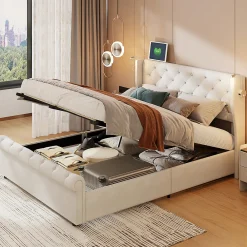 Lit coffre 140x190cm avec tête de lit, liseuse avec chargement USB, sommier à lattes, cadre de lit>Simple Life Best