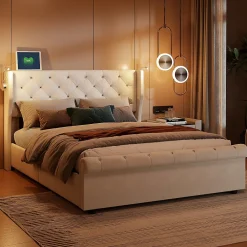Lit coffre 140x190cm avec tête de lit, liseuse avec chargement USB, sommier à lattes, cadre de lit><noscript><img width=