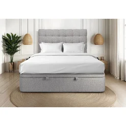 Lit coffre 200x200cm avec tête de lit capitonnée Bouclette Gris - Hauteur totale : 39cm>Sommeil De Plomb